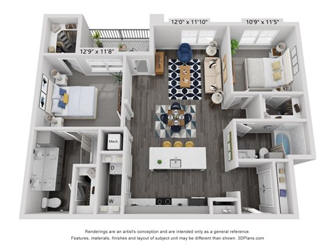 a 1 bedroom floorplan is shown in this rendering